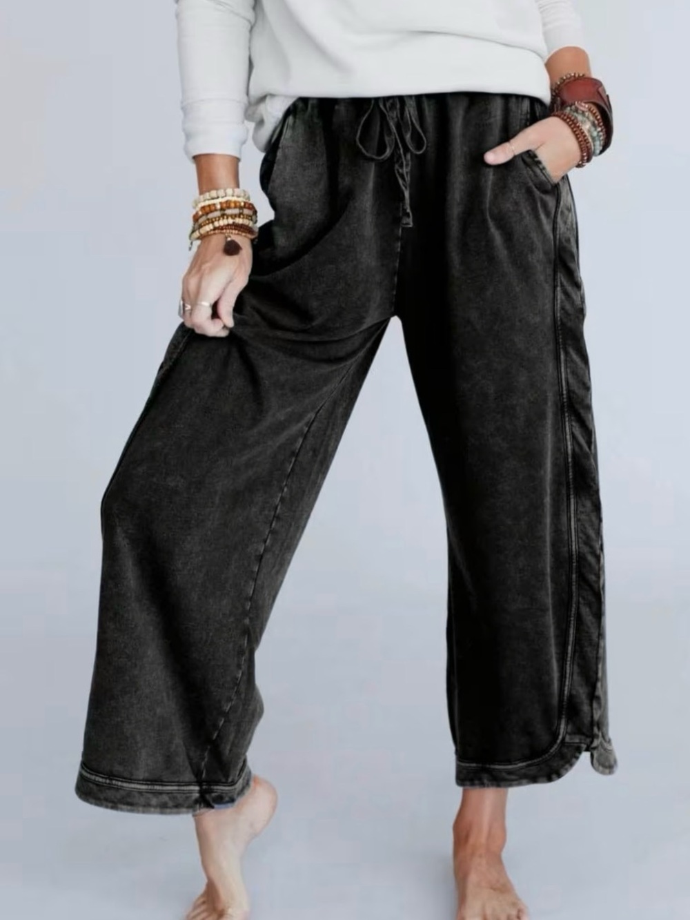 Three Bird Nest Washed Black Wide-Leg Drawstring Pants